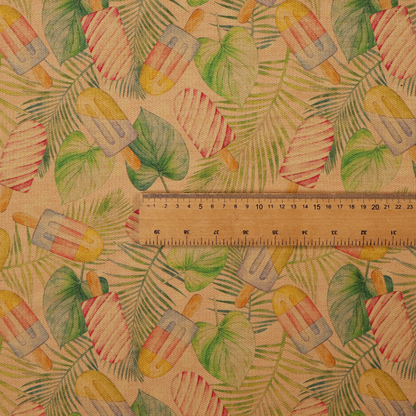 A summer-themed fabric pattern featuring vintage-style popsicles and green tropical leaves on a warm, textured beige background.