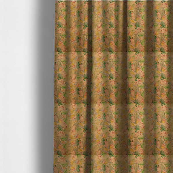 The fabric used to create these made-to-measure curtains is a summer-themed fabric pattern featuring vintage-style popsicles and green tropical leaves on a warm, textured beige background