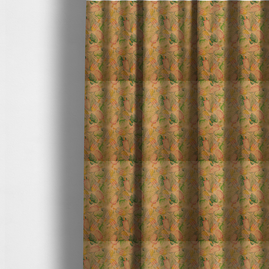 The fabric used to create these made-to-measure curtains is a summer-themed fabric pattern featuring vintage-style popsicles and green tropical leaves on a warm, textured beige background