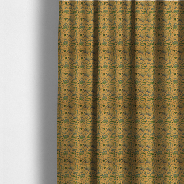 The fabric used to create these made-to-measure curtains is an earthy, abstract fabric pattern featuring organic mosaic shapes in moss green, teal, and slate grey on a textured mustard yellow background.