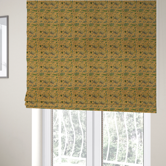 The fabric used to create these bespoke Roman blinds is an earthy, abstract fabric pattern featuring organic mosaic shapes in moss green, teal, and slate grey on a textured mustard yellow background.
