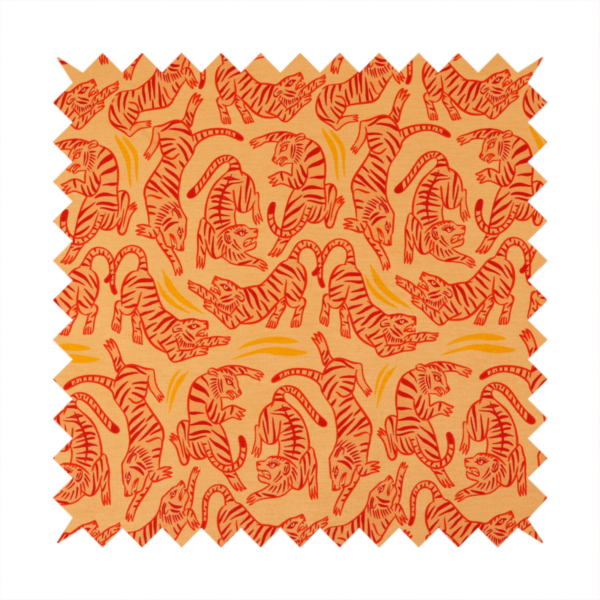 Seamless illustrative pattern featuring leaping red tigers on a warm peach-toned background.