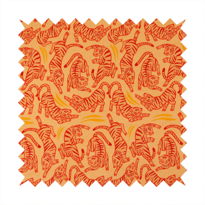 Seamless illustrative pattern featuring leaping red tigers on a warm peach-toned background.