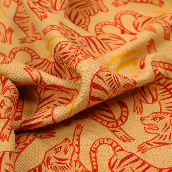 Seamless illustrative pattern featuring leaping red tigers on a warm peach-toned background.