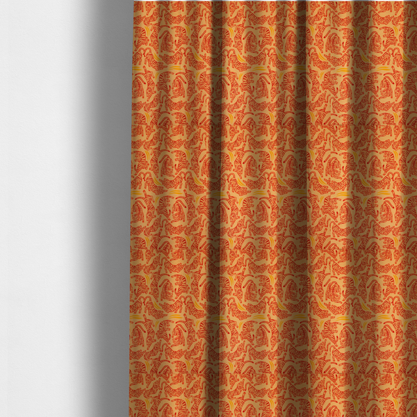 The fabric used to create these made-to-measure curtains has a seamless illustrative pattern featuring leaping red tigers on a warm peach-toned background.
