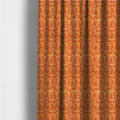 The fabric used to create these made-to-measure curtains has a seamless illustrative pattern featuring leaping red tigers on a warm peach-toned background.