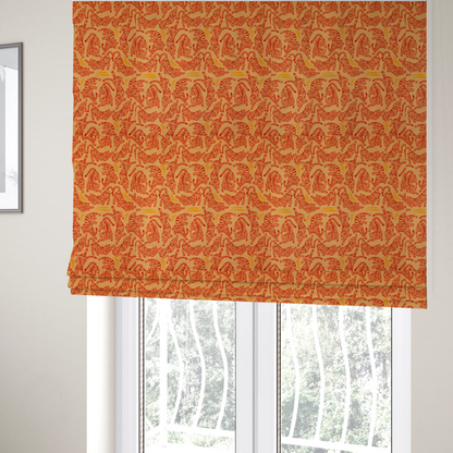 The fabric used to create these Roman blinds has a seamless illustrative pattern featuring leaping red tigers on a warm peach-toned background.