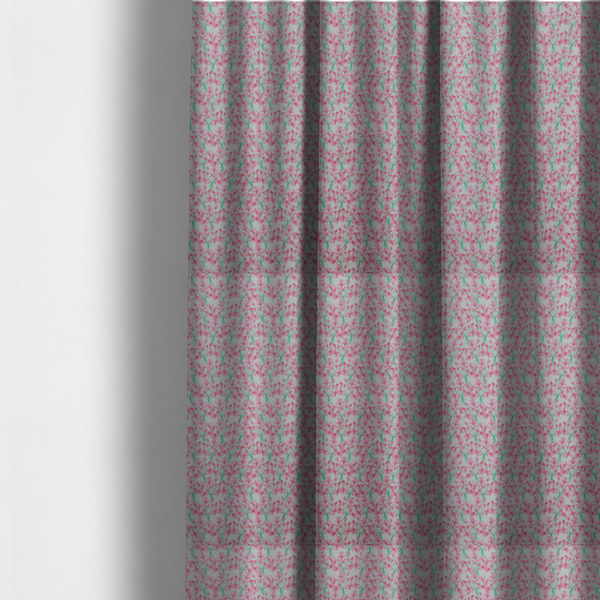 The fabric used to create these made-to-measure curtains has a vertical pink floral branch pattern on white fabric, featuring a delicate blossom and green stem motif.
