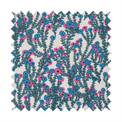 A patterned upholstery fabric with a visible cross-weave texture. The design features a repetitive botanical motif of teal vines and multi-coloured pink and blue flowers on a neutral cream base.