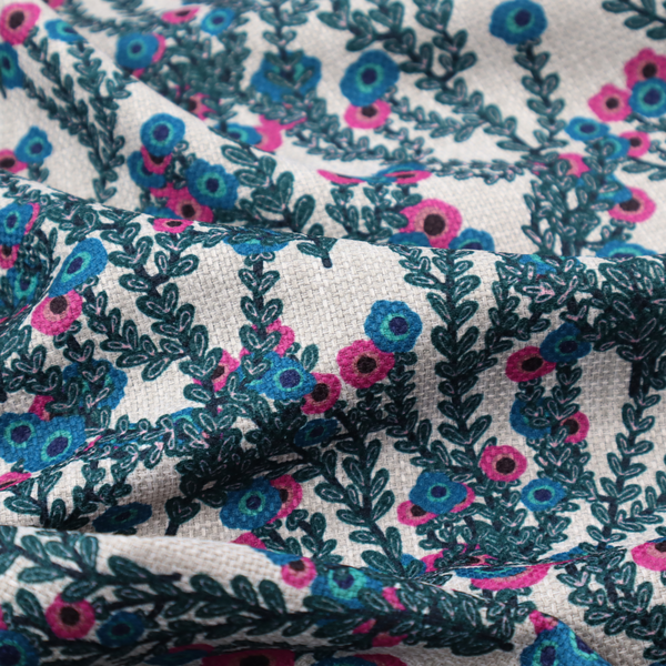 A patterned upholstery fabric with a visible cross-weave texture. The design features a repetitive botanical motif of teal vines and multi-coloured pink and blue flowers on a neutral cream base.
