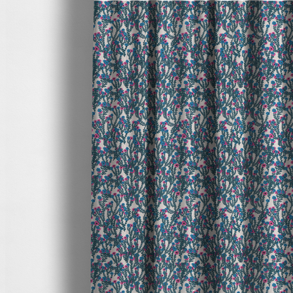 The fabric used to create these made-to-measure curtains is a patterned upholstery fabric with a visible cross-weave texture. The design features a repetitive botanical motif of teal vines and multi-coloured pink and blue flowers on a neutral cream base.