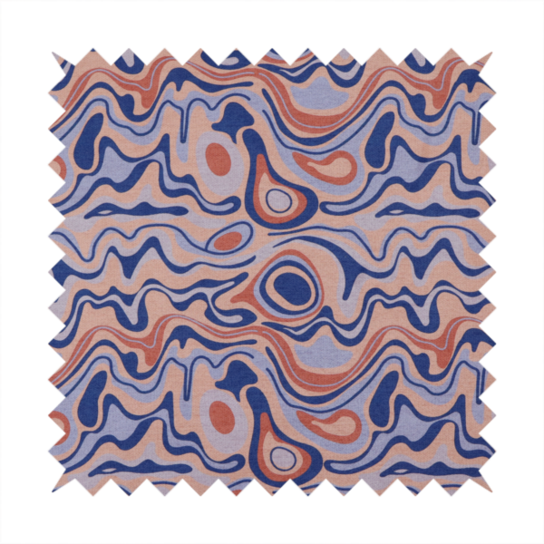 A repeating textile design with a psychedelic, mid-century modern aesthetic. The pattern consists of flowing, organic "liquid" lines and nested concentric shapes resembling a topographical map or marbleized paper. Colours include deep navy blue, warm terracotta, soft peach, and periwinkle.