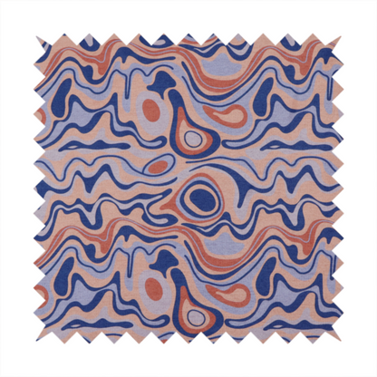 A repeating textile design with a psychedelic, mid-century modern aesthetic. The pattern consists of flowing, organic "liquid" lines and nested concentric shapes resembling a topographical map or marbleized paper. Colours include deep navy blue, warm terracotta, soft peach, and periwinkle.