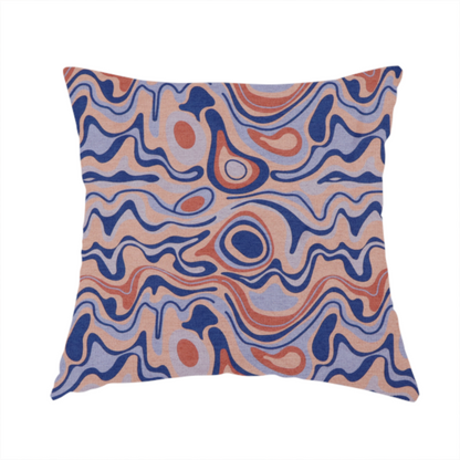 The fabric used to create this handmade cushions is a repeating textile design with a psychedelic, mid-century modern aesthetic. The pattern consists of flowing, organic "liquid" lines and nested concentric shapes resembling a topographical map or marbleized paper. Colours include deep navy blue, warm terracotta, soft peach, and periwinkle.