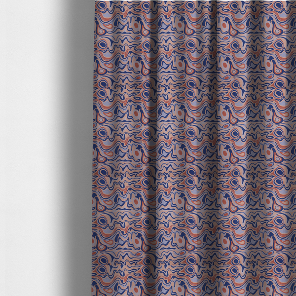 The fabric used to create these made-to-measure curtains has a repeating textile design with a psychedelic, mid-century modern aesthetic. The pattern consists of flowing, organic "liquid" lines and nested concentric shapes resembling a topographical map or marbleized paper. Colours include deep navy blue, warm terracotta, soft peach, and periwinkle.