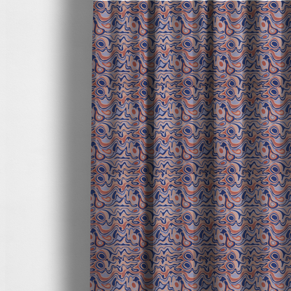 The fabric used to create these made-to-measure curtains has a repeating textile design with a psychedelic, mid-century modern aesthetic. The pattern consists of flowing, organic "liquid" lines and nested concentric shapes resembling a topographical map or marbleized paper. Colours include deep navy blue, warm terracotta, soft peach, and periwinkle.