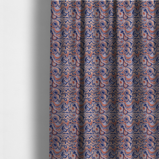 The fabric used to create these made-to-measure curtains has a repeating textile design with a psychedelic, mid-century modern aesthetic. The pattern consists of flowing, organic "liquid" lines and nested concentric shapes resembling a topographical map or marbleized paper. Colours include deep navy blue, warm terracotta, soft peach, and periwinkle.