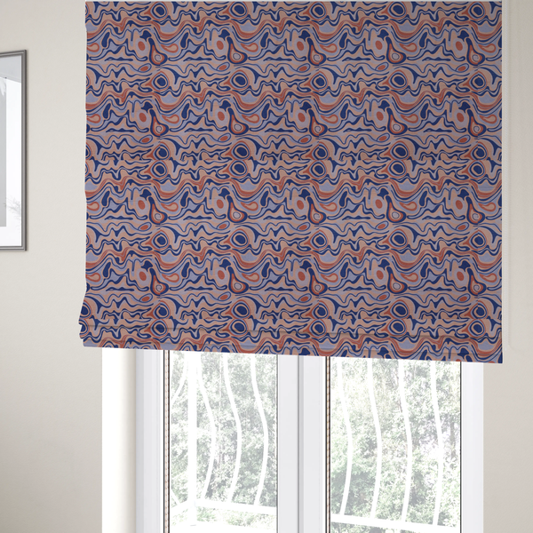 The fabric used to create these bespoke Roman blinds is a repeating textile design with a psychedelic, mid-century modern aesthetic. The pattern consists of flowing, organic "liquid" lines and nested concentric shapes resembling a topographical map or marbleized paper. Colours include deep navy blue, warm terracotta, soft peach, and periwinkle.