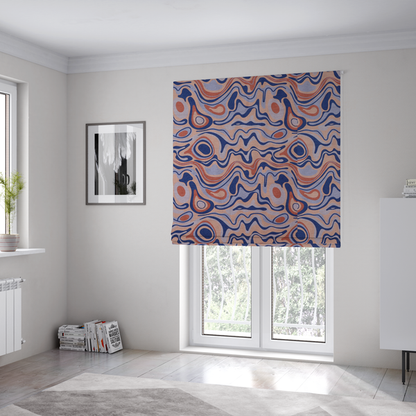 The fabric used to create these bespoke Roman blinds is a repeating textile design with a psychedelic, mid-century modern aesthetic. The pattern consists of flowing, organic "liquid" lines and nested concentric shapes resembling a topographical map or marbleized paper. Colours include deep navy blue, warm terracotta, soft peach, and periwinkle.