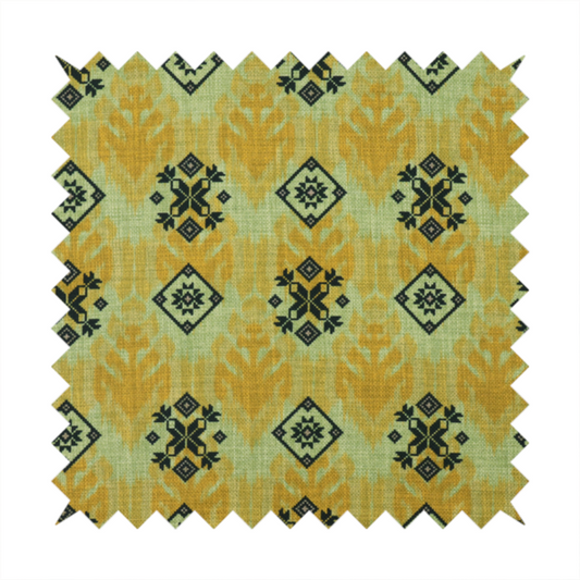 Seamless geometric pattern featuring black and charcoal medallions over a textured yellow and olive green ikat background.