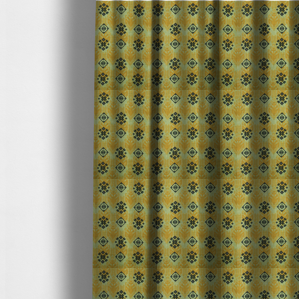 The fabric used to create these made-to-measure curtains has a seamless geometric pattern featuring black and charcoal medallions over a textured yellow and olive green ikat background.