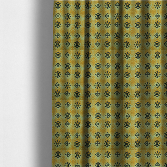 The fabric used to create these made-to-measure curtains has a seamless geometric pattern featuring black and charcoal medallions over a textured yellow and olive green ikat background.