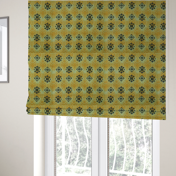 The fabric used to create these Roman blinds has a seamless geometric pattern featuring black and charcoal medallions over a textured yellow and olive green ikat background.