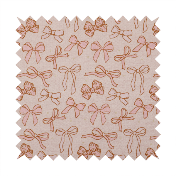 This fabric includes different shapes and styles of pink bows on a pink background.