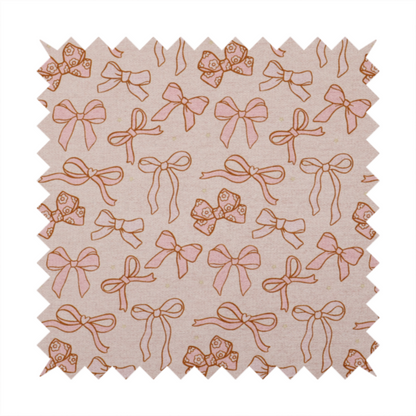 This fabric includes different shapes and styles of pink bows on a pink background.