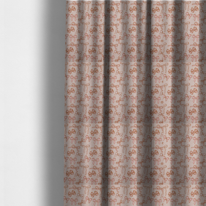 The fabric used to create these made-to-measure curtains includes different shapes and styles of pink bows on a pink background.