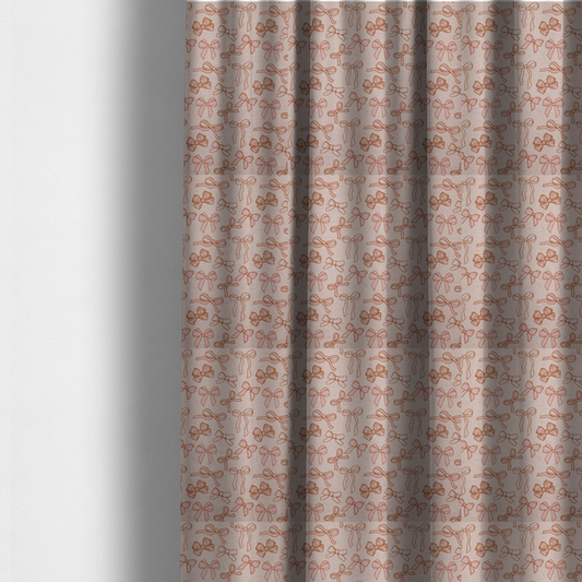 The fabric used to create these made-to-measure curtains includes different shapes and styles of pink bows on a pink background.