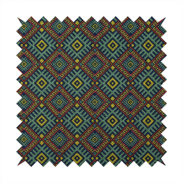 A detailed woven fabric featuring a repeating geometric diamond lattice pattern in shades of teal, mustard yellow, and terracotta red.