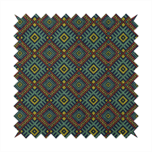 A detailed woven fabric featuring a repeating geometric diamond lattice pattern in shades of teal, mustard yellow, and terracotta red.