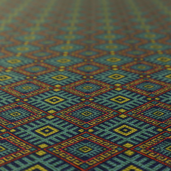 A detailed woven fabric featuring a repeating geometric diamond lattice pattern in shades of teal, mustard yellow, and terracotta red.
