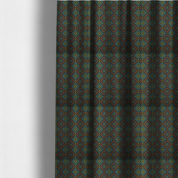 The fabric used to create these made-to-measure curtains is a detailed woven fabric featuring a repeating geometric diamond lattice pattern in shades of teal, mustard yellow, and terracotta red.