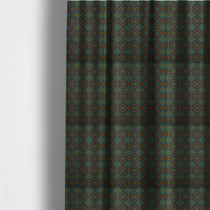 The fabric used to create these made-to-measure curtains is a detailed woven fabric featuring a repeating geometric diamond lattice pattern in shades of teal, mustard yellow, and terracotta red.