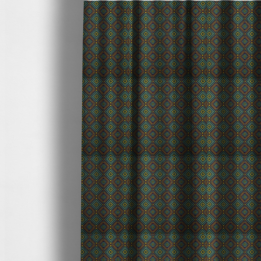 The fabric used to create these made-to-measure curtains is a detailed woven fabric featuring a repeating geometric diamond lattice pattern in shades of teal, mustard yellow, and terracotta red.