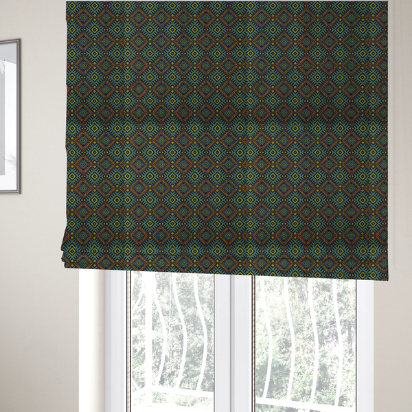 The fabric used to create these Roman blinds is a detailed woven fabric featuring a repeating geometric diamond lattice pattern in shades of teal, mustard yellow, and terracotta red.