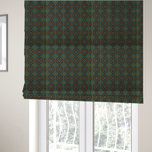 The fabric used to create these Roman blinds is a detailed woven fabric featuring a repeating geometric diamond lattice pattern in shades of teal, mustard yellow, and terracotta red.