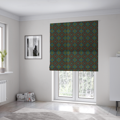 The fabric used to create these Roman blinds is a detailed woven fabric featuring a repeating geometric diamond lattice pattern in shades of teal, mustard yellow, and terracotta red.