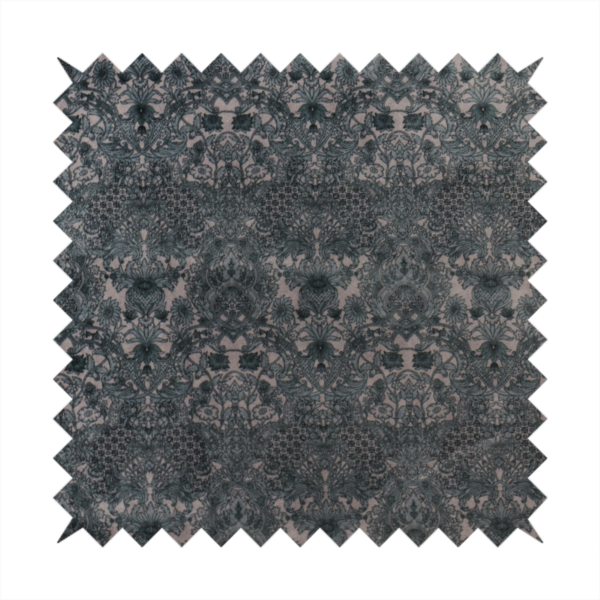 Vintage-inspired charcoal damask upholstery fabric. Ornate baroque floral pattern on a distressed slate grey background, suitable for gothic or French country home decor.