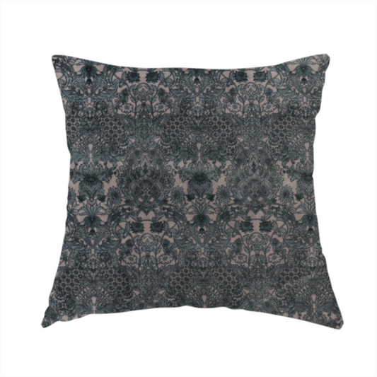 The fabric used to create this handmade cushion is a vintage-inspired charcoal damask upholstery fabric. Ornate baroque floral pattern on a distressed slate grey background, suitable for gothic or French country home decor.