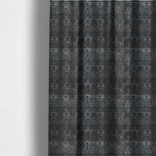 The fabric used to create these made-to-measure curtains is a vintage-inspired charcoal damask upholstery fabric. Ornate baroque floral pattern on a distressed slate grey background, suitable for gothic or French country home decor.