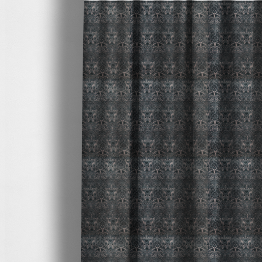 The fabric used to create these made-to-measure curtains is a vintage-inspired charcoal damask upholstery fabric. Ornate baroque floral pattern on a distressed slate grey background, suitable for gothic or French country home decor.