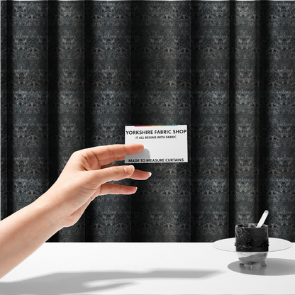 The fabric used to create these made-to-measure curtains is a vintage-inspired charcoal damask upholstery fabric. Ornate baroque floral pattern on a distressed slate grey background, suitable for gothic or French country home decor.