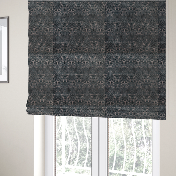 The fabric used to create these Roman blinds is a vintage-inspired charcoal damask upholstery fabric. Ornate baroque floral pattern on a distressed slate grey background, suitable for gothic or French country home decor.