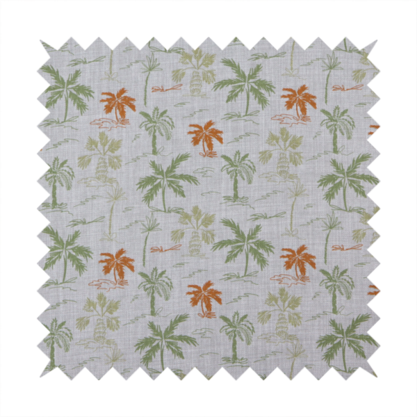 A lightweight fabric featuring a hand-drawn palm tree pattern in sage green and terracotta orange on a light grey textured background.