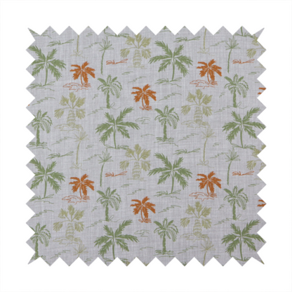 A lightweight fabric featuring a hand-drawn palm tree pattern in sage green and terracotta orange on a light grey textured background.