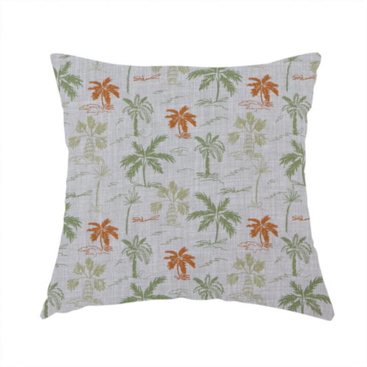 The fabric used to create this handmade cushion is a lightweight fabric featuring a hand-drawn palm tree pattern in sage green and terracotta orange on a light grey textured background.