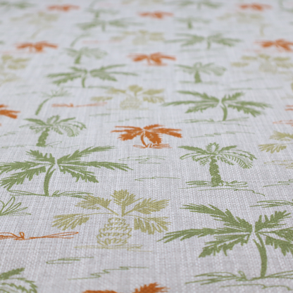 A lightweight fabric featuring a hand-drawn palm tree pattern in sage green and terracotta orange on a light grey textured background.